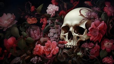 a skull surrounded by flowers and vines on a black background with pink, red and white flowers Halloween Skull For Desktop Dark Floral Art, Gothic Home Decor Inspiration, Gothic Skull Decor, black