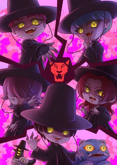 three witches with glowing eyes and yellow eyes, one holding a cat in her hand Halloween Kpop Demon Hunters K-pop Demon Hunter Fanart, I Pop Demon Hunters, Cute K-pop Demon Hunters, dark slate gray
