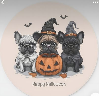 three pug dogs sitting next to each other with a pumpkin in front of them Halloween French Bulldog Sugar Skull French Bulldog, French Bulldog Thanksgiving, French Bulldog Fall, silver