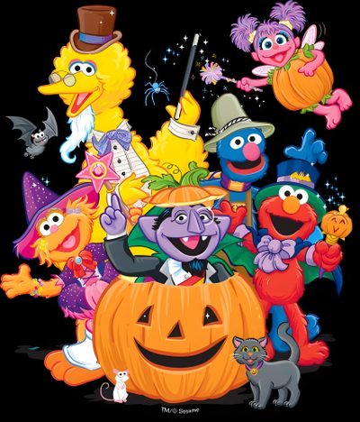 an image of halloween characters with pumpkins and witches in the background on a black background Sesame Street Halloween Halloween Cartoon Print Fan Merchandise T-shirt, Halloween Hocus Pocus Black Cats Fabric, Disney Halloween T-shirt With Character Print, dark olive green