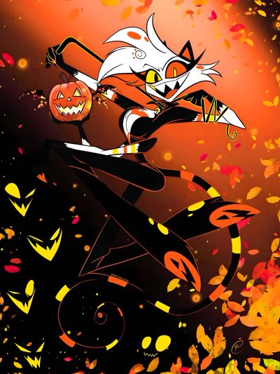 an image of a cat on a bike with pumpkins Halloween Hazbin Hotel Hazbin Hotel Thanksgiving, Hazbin Hotel Halloween, Hazbin Halloween, maroon
