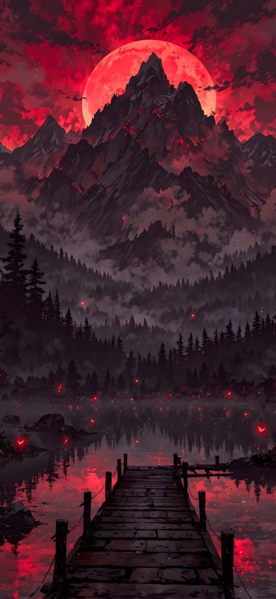 a red and black painting of a mountain with a dock in the foreground that is surrounded by water Halloween Mountain Pretty, Red Moon Forest, Fantasy World, Scenery, Dark Landscape Phone, dark slate gray