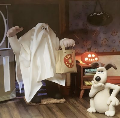 a stuffed dog is holding a bag next to a ghost in a room with wooden floors Wallace And Gromit Halloween Background Shaun The Sheep Halloween Movie, Wallace And Gromit Halloween, Wallace And Gromit Pumpkin, dark olive green
