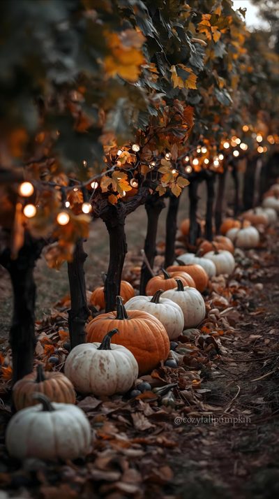 pumpkins lined up on the ground in rows with lights strung from trees behind them Pumpkin Spooky Halloween Pumpkin Cellphone Background, Fall Background, Witchy, dark slate gray