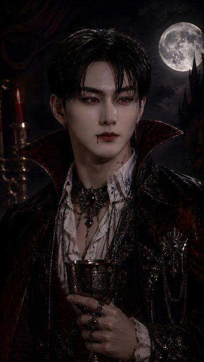 a male vampire holding a wine glass in front of a full moon Enhypen Halloween Moon Vampire, Vampire Boyfriend, Vampire Enhypen, Band Group, Blue, Kpop Idol, black
