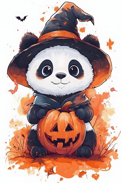 a panda bear wearing a witches hat and holding a pumpkin Cute Halloween Panda Theme Halloween, Halloween Clipart, Cute Panda, Halloween Illustration, burlywood