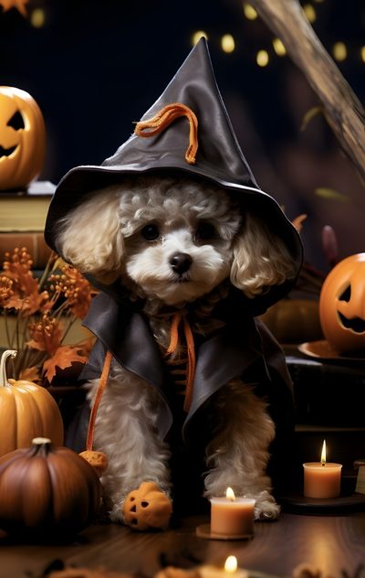 a white dog wearing a witches hat and sitting in front of pumpkins with candles Halloween Poodle Dog Halloween Pictures, Poodle In Costume, Cute Halloween Dogs, black