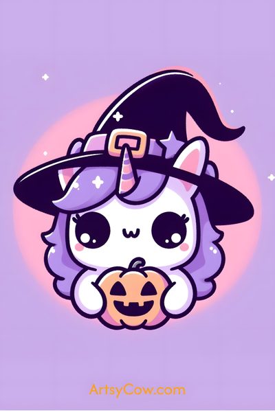 a cartoon cat wearing a witches hat and holding a pumpkin Halloween Unicorn Ghost Unicorn, Unicorn Witch, Halloween Unicorn, Unicorn Halloween Background, plum