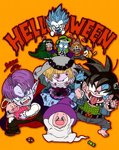an image of cartoon characters in the style of halloween Dragon Ball Halloween Halloween Goku, Vegeta Halloween, Dbz Skeleton, Dbz Halloween, dark goldenrod