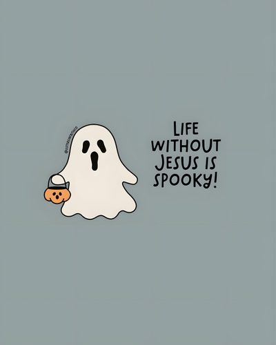 a ghost with a pumpkin in it's mouth saying life without jesus is spooky Cute Christian Halloween Jesus Halloween Background, Bible Verse For Halloween, Christian Halloween Background, dark gray