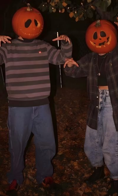 two young boys with pumpkin heads on their faces Grunge Halloween Aesthetic The Legend Of Sleepy Hollow, Image Halloween, 90s Halloween, black