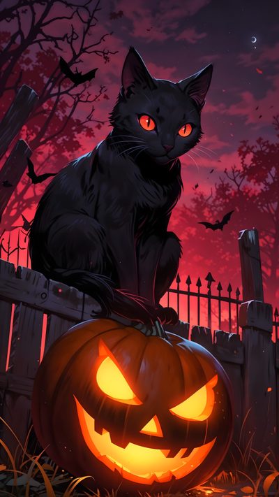 a black cat sitting on top of a pumpkin in front of a fence at night Halloween Black Cat Halloween Scary Photos, Birds Photography Nature, Dark Artwork, Samhain, Halloween,