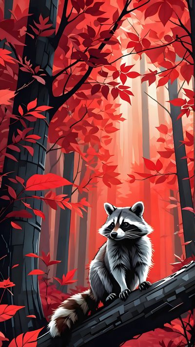 a raccoon is sitting on a log in the middle of a red forest Halloween Raccoon Cute Raccoon Phone, Raccoon In City Background, Cartoon Raccoon, brown