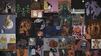 a collage of halloween images with pumpkins, ghostes, and other decorations Cute Aesthetic Halloween For Computer Desktop Horror, Halloween Laptop Aesthetic, Halloween Laptop Backgrounds Aesthetic, dark slate gray