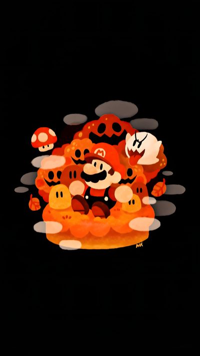 an orange pizza with many different faces on it's face and some mushrooms in the background Nintendo Halloween Mario 3 Artwork, Paper Mario Iphone, Mario Ghost, Vampire Mario, Paper Mario, black