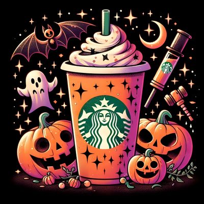 a starbucks drink with pumpkins and bats around it Halloween Starbucks Fall Starbucks, Starbucks Halloween Cup Drawing, Halloween Starbucks, black