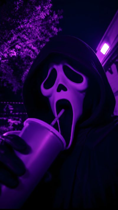 a person wearing a mask and holding a cup in their hand with the mouth open Dark Purple Halloween Purple Ghostface, Neon Purple Aesthetic, Black And Purple, Scream Mask,