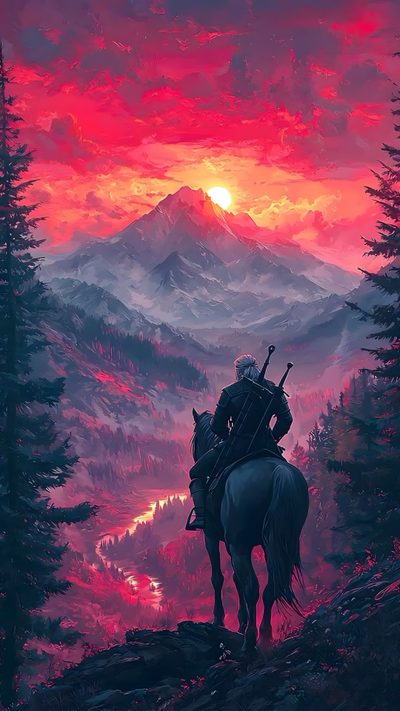 a man riding on the back of a horse in front of a mountain range at sunset Witcher Halloween Witcher Game, Geralt And Yennefer, Witcher 4k, Geralt, The Witcher Background, dim gray