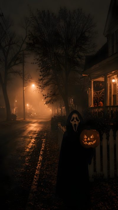 a person dressed as a ghost holding a jack - o'- lantern on a street at night Halloween Phone Dark Vintage Halloween Iphone, Ghost Aesthetic, Halloween Backgrounds Aesthetic, black