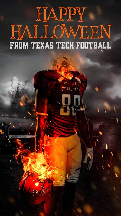 a football player in uniform with fire coming out of his chest and the words happy halloween from texas tech football Halloween Football Texas Tech Football Logo, Texas Tech Football Iphone, Texas Tech Football, black