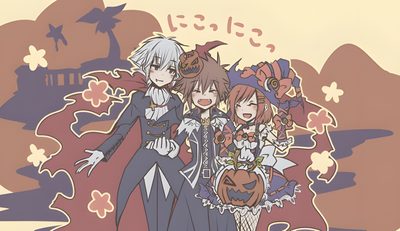 three anime characters standing next to each other with pumpkins on their heads and hands Kingdom Hearts Halloween Kingdom Hearts Halloween Pfp, Vampire Sora, Sora Kingdom Hearts Halloween, rosy brown