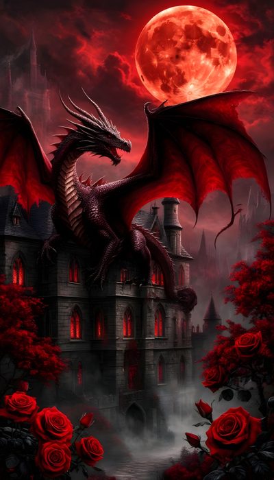 a red dragon sitting on top of a castle with roses in the foreground and a full moon behind it Halloween Dragon Gothic Pictures, Gothic Dragon, Victorian Gothic Style, Dragon Artwork Fantasy, black