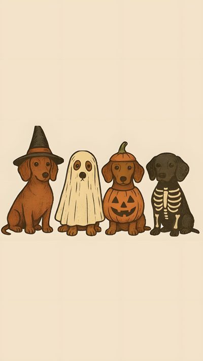 three dogs in halloween costumes sitting next to each other on a beige background with the words happy Halloween Dog Cute Halloween Backgrounds Aesthetic, Cute Halloween Dog Cartoon, Cute Halloween Aesthetic, bisque