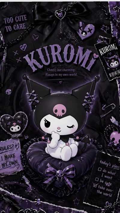an image of a black and white cat with purple accents Halloween Kuromi Aesthetic Iphone Rock, Halloween Iphone, Halloween, Iphone, Room Decor, black