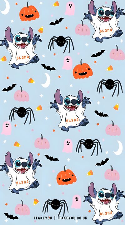 a blue background with halloween themed items and bats on it's sides, including two pumpkins Preppy Stitch Halloween Halloween, Lilo I Stich, Stitch Drawing, Halloween Cute, powder blue