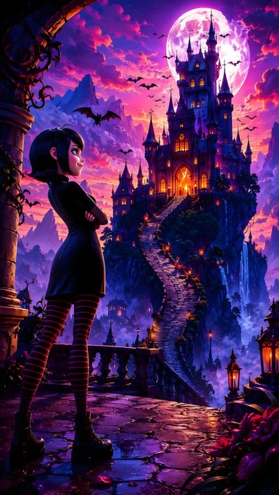 a woman standing in front of a castle with bats flying over her head and on the ground Halloween Disney 4k Maleficent Background, Hotel Transylvania, Cat, Maleficent, Hotel, midnight blue