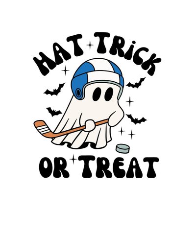 an image of a cartoon character playing hockey with bats and bats in the background that says hat trick or treat Hockey Halloween Halloween, Hockey Posters Ideas, Halloween Crafts, white