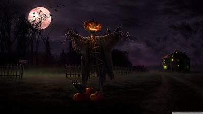 a creepy scarecrow with pumpkins on his head in front of a full moon Bing Halloween Scary Halloween Backgrounds, Halloween, Halloween Live, Halloween Desktop, black
