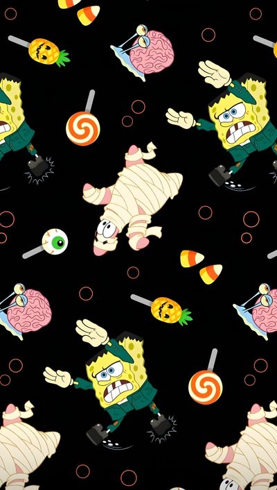 the simpsons characters are playing with candy and lollipops on this black background Spongebob Halloween Spongebob Thanksgiving, Spongebob Thanksgiving Background, Fall Spongebob, black