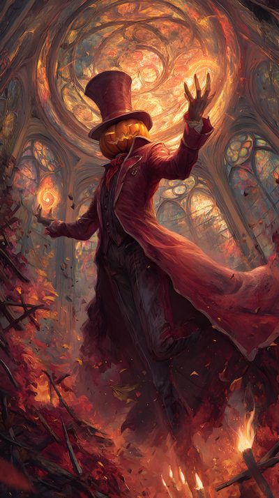 a man in a top hat and long red coat with his arms outstretched, standing in front of a fire filled forest Dnd Halloween Wild West Games, Character Pumpkins, Ghost Drawing, Lantern Art, dark olive green