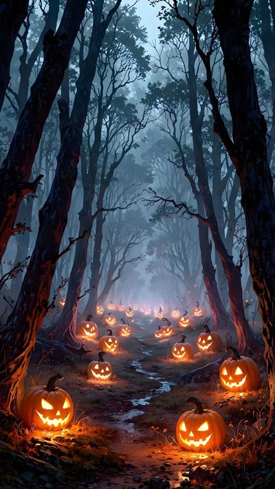 a group of pumpkins in the woods with lights on them and carved into jack - o'- lanterns Halloween Iphone 13 Halloween Forest, Headless Horseman Iphone, Spooky Landscape, dark slate gray