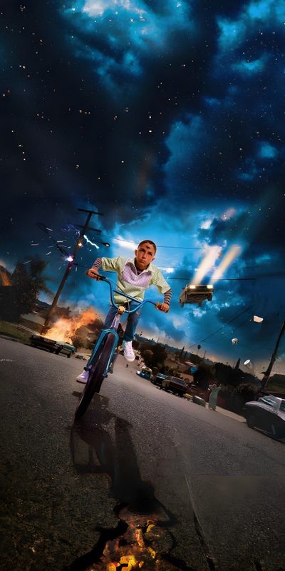 a man riding a bike down the middle of a street under a sky filled with stars Bad Bunny Halloween Cool Bad Bunny, Bad Bunny Iphone, Bad Bunny Phone, Yhlqmdlg Album Cover, dark slate gray