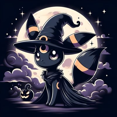 a cute little black witch standing in front of a full moon Halloween Umbreon Espeon Witch, Umbreon Aesthetic, Umbreon Icon, Ghost Eevee, Halloween Umbreon, black