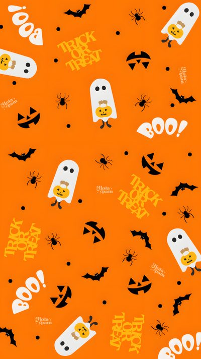 an orange halloween background with ghost, bats and pumpkins on the bottom right corner Large Scale Halloween Trick Or Treats Halloween Backdrop, Trick Or Treat, Halloween, dark orange