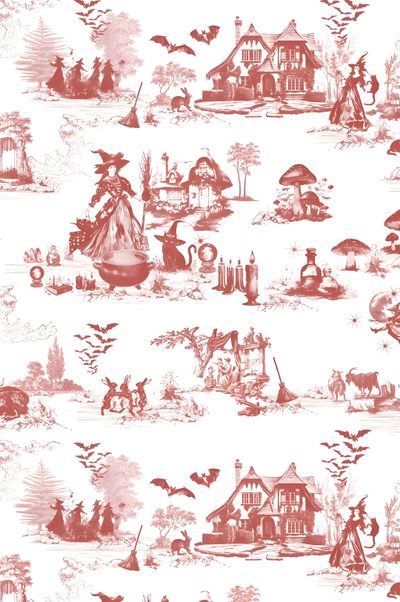 a red and white wallpaper with many houses Halloween Toile Halloween Toile, Witchy Paper Printable, Winter Toile, Free Witchy Printables, snow