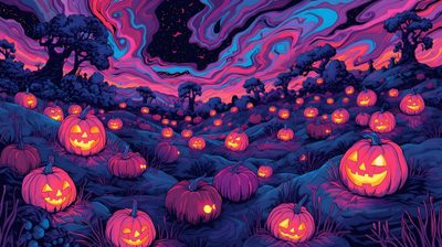 halloween pumpkins glowing in the night sky with swirly clouds and stars above them Vaporwave Halloween Desktop Halloween, Laptop Halloween, Halloween Computer, Pc Halloween, midnight blue