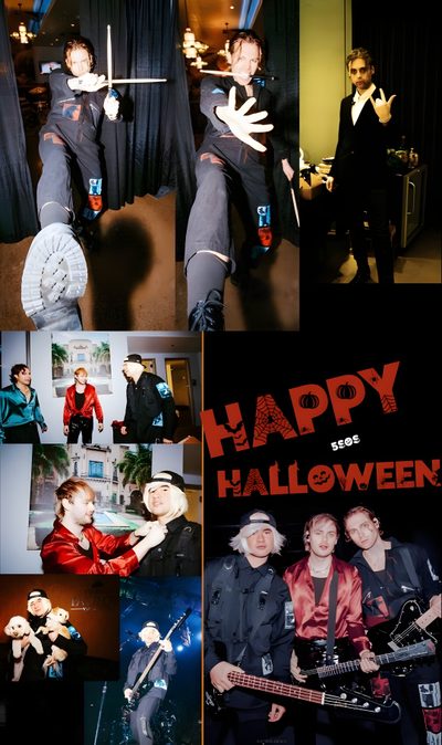 the collage shows people dressed up in costumes and playing guitar, singing with microphones 5sos Halloween 5sos Sweatshirt, 5sos, 5sos Luke, People Dress, 1d And 5sos, Female Rappers, black