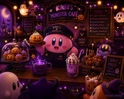 an animated character is standing in front of a table full of halloween treats and desserts Kirby Halloween 4k Mermaid Art, Kirby, Fond D'ecran Dessin, Mermaid, Nintendo, Valentines, black