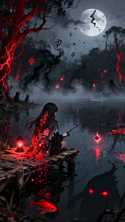 a person sitting on a dock fishing in the water at night with red lights around them Dark Halloween Anime Female Samurai Art, Minecraft Statues, Female Samurai, 4k Background, dark slate gray