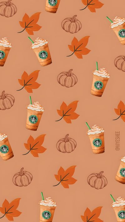 starbucks coffee with pumpkins and leaves on a peach background, seamless wallpaper Halloween Starbucks Fall Starbucks, Pumpkin Spice Latte Ideas, Pumpkin Spice Android, dark salmon
