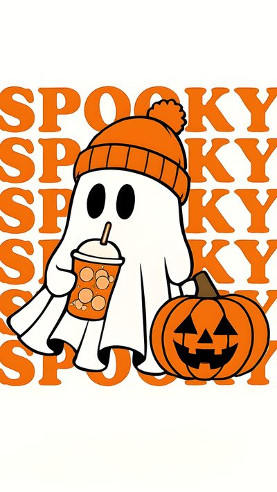 a ghost holding a drink and wearing a pumpkin hat with the word spooky on it Halloween Boo Halloween Orange White Aesthetic Halloween Pictures To Draw, Halloween Images Preppy, Preppy Halloween Pictures To Draw,