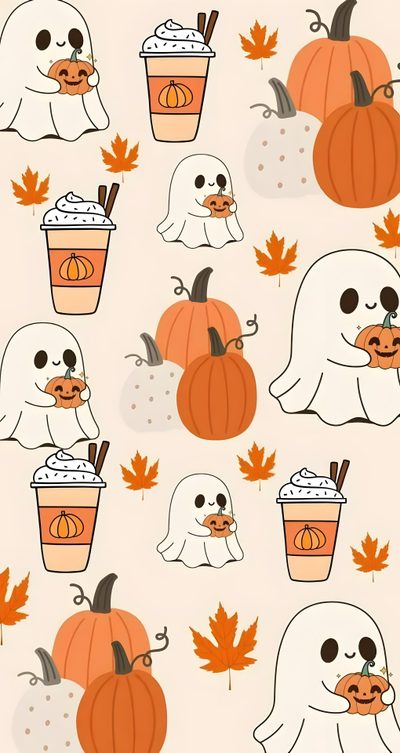 halloween pumpkins and ghostes with drinks in them on a pink background for the webpage October Preppy Halloween Halloween, Holiday Iphone, Autumn Phone, October, Pumpkin, antique white