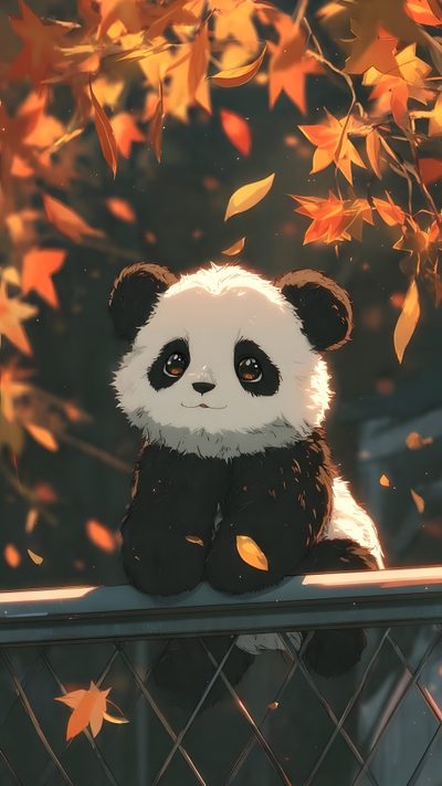 a panda bear sitting on top of a metal fence next to trees with orange leaves Cute Halloween Panda Husky Dogs, Cute Animal Drawings, Pandas, Christmas Pictures, dark slate gray