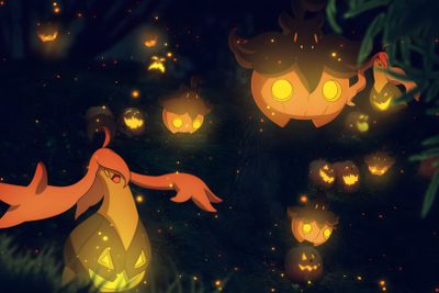 many pumpkins are lit up in the dark with glowing eyes and hands on them Pokemon Halloween Computer Shiny Gourgeist, Pumpkaboo, Pokemon Autumn, Pokemon Ghost, black