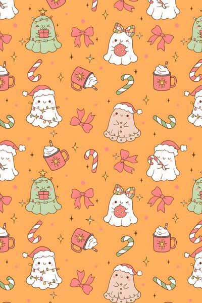 an orange background with many different items on it, including snowmen and christmas trees Cute Halloween And Christmas Desktop, Vintage, Galaxy, Bible Verse, Lock Screen, Phone, sandy brown
