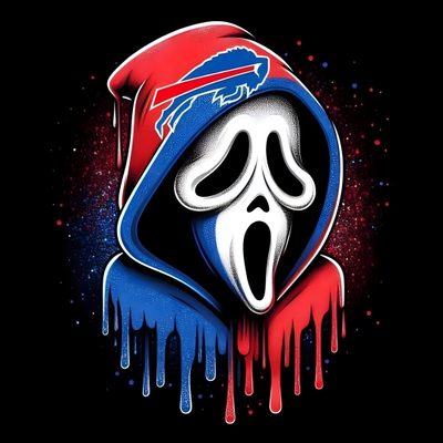 an image of a person wearing a hoodie with dripping paint on the face and mouth Buffalo Bills Halloween Buffalo Bills Stuff, Buffalo Bills Baby, Buffalo Bills Logo, Horror Drawing, black